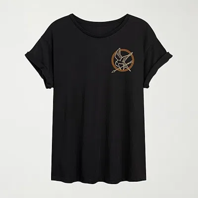 Hybrid Tees Womens Juniors Crew Neck Short Sleeve Oversized The Hunger Games Graphic T-shirt In Black
