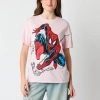 Hybrid Tees Womens Juniors Crew Neck Short Sleeve Regular Fit Spiderman Graphic T-shirt In Pink