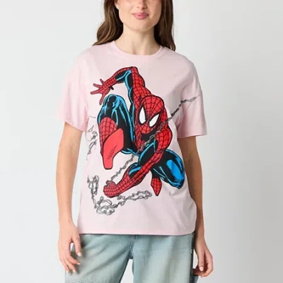 Hybrid Tees Womens Juniors Crew Neck Short Sleeve Regular Fit Spiderman Graphic T-shirt In Pink