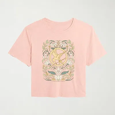 Hybrid Tees Womens Juniors Crew Neck Short Sleeve Regular Fit The Hunger Games Graphic T-shirt In Pink