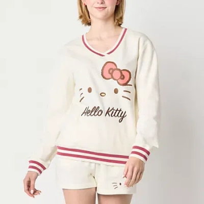 Hybrid Tees Womens Juniors V Neck Long Sleeve Embroidered Hello Kitty Sweatshirt In Sand