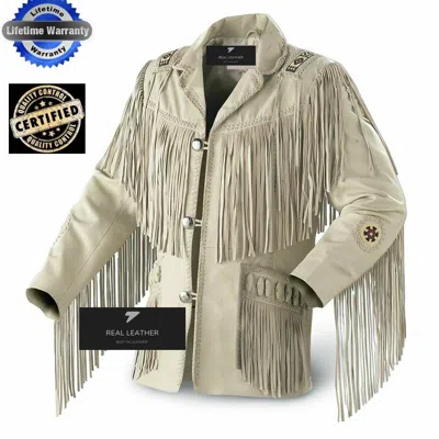 Pre-owned Hyco Men's Traditional Western Cowboy Leather Jacket Coat With Fringe Bones And Beads In White Tobacco