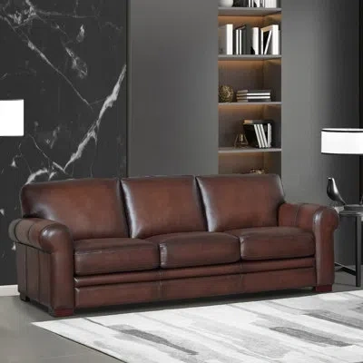 Hydeline Brookfield 95 Wide Genuine Leather Rolled Arm Sofa In Caramel Brown