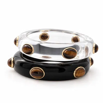 Hye Jane Jewelry Women's Black / White / Brown Adler Resin & Semiprecious Gemstone Bangle Set| Clear And Black Resin  In Black/white/brown