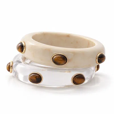 Hye Jane Jewelry Women's White / Brown Adler Resin & Semiprecious Gemstone Bangle Set| Clear And Ivory Resin & Tigers In White/brown