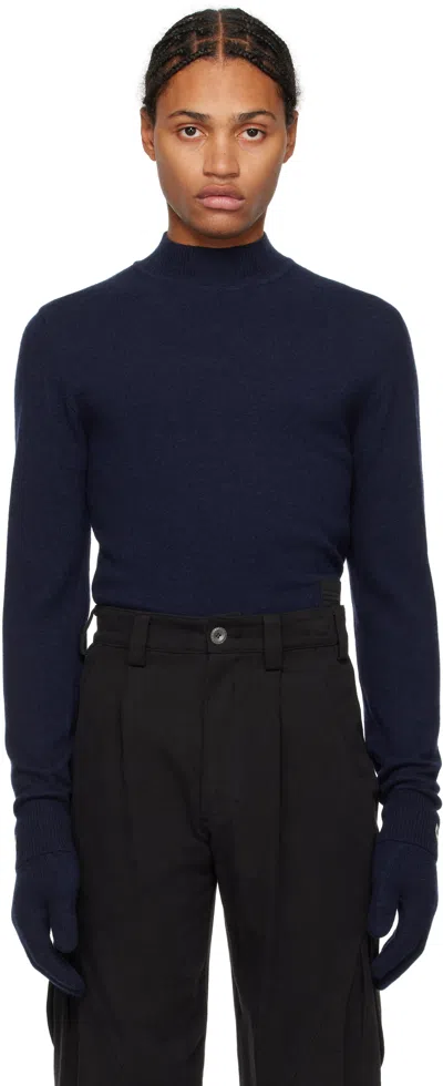 Hyein Seo Navy Military Turtleneck & Gloves Set In Deep Blue