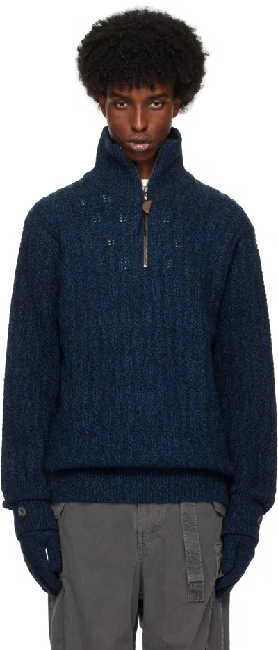 Hyein Seo Navy Troyer Knit Sweater & Gloves Set In Deep Blue