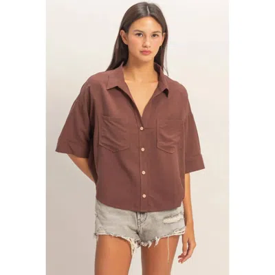 Hyfve Button Up Collared Short Sleeve Shirt In Brown