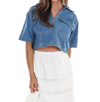 Hyfve Clean Cut V-neck Cropped Top In Denim In Blue