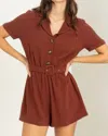 HYFVE COMFY CUTIE BUTTON-FRONT BELTED ROMPER IN COFFEE BROWN