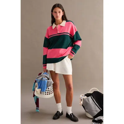 Hyfve Contrasting Striped Sweater With Polo Collar In Taffy Pink/green