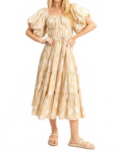 Hyfve Leaf Print Puff Sleeve Tiered Midi Dress In Taupe In Multi