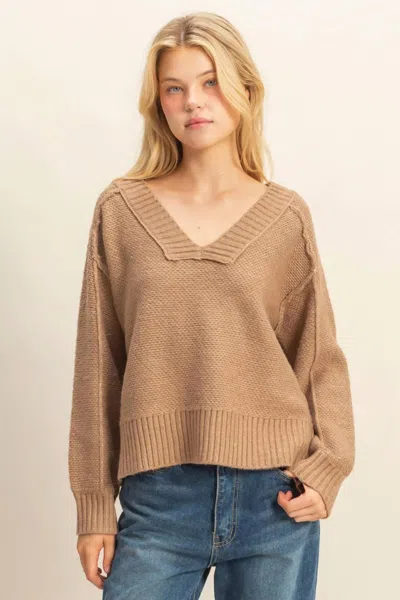 Hyfve Long Sleeve V Neck Sweater In Dark Taupe In Brown