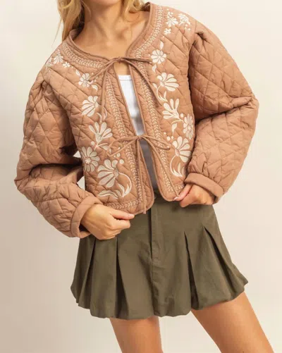 Hyfve Quilted Floral Embroidered Jacket In Brown In Pink