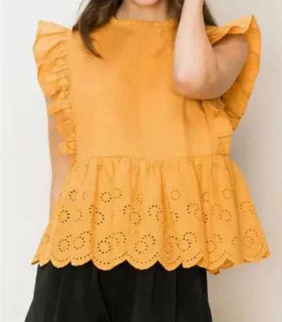 Hyfve Ruffle Sleeveless Eyelet Peplum Top In Marigold