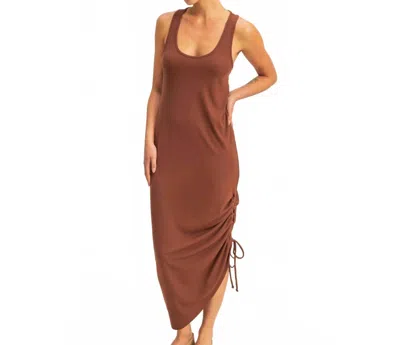 Hyfve Scoop Neck Side Tie Detail Midi Dress In Chestnut In Brown
