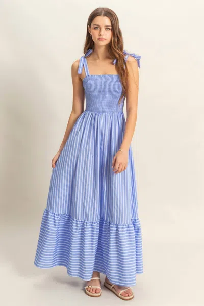 Hyfve Smocked Bodice With Tie Straps Striped Dress In Periwinkle Blue
