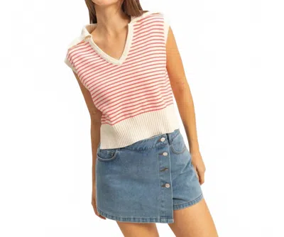 Hyfve Striped Knit Collared Top In Coral In White