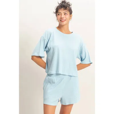 Hyfve Striped Round Neck Ribbed Top And Shorts Set In Baby Blue