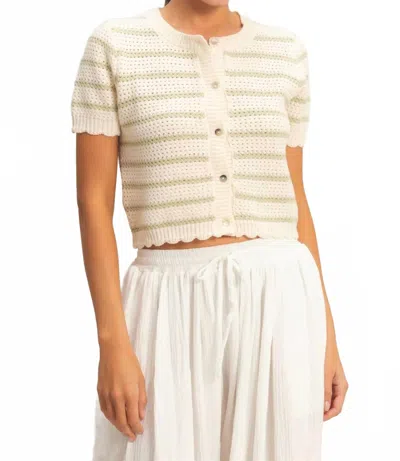Hyfve Striped Short Sleeve Cardigan With Scallop Edge In Sage Green