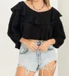 Hyfve Sweetie Ruffled Three Quarter Sleeve Crop Top In Black In Black