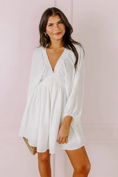 Hyfve Willow Deep V-neck Bishop Sleeve Mini Dress In White