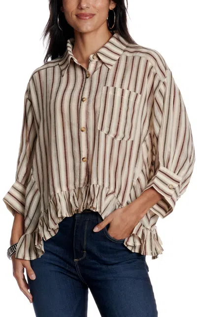 Hyfve Women's Cream & Chocolate Hi-low Ruffled Hem Shirt In Brown