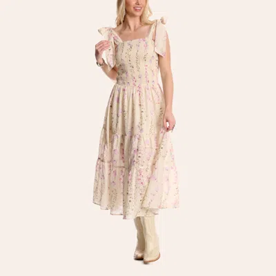 Hyfve Women's Yellow Floral Print Eyelet Tie Strap Midi Dress In Neutral