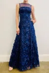 Hynes Park Floral Applique Full Length Gown In Navy