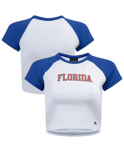 Hype And Vice Women's White/royal Florida Gators Homerun Cropped Raglan T-shirt
