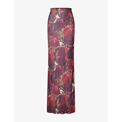 Hyphen Womens Floral-print Sheer Maxi Skirt Burgundy