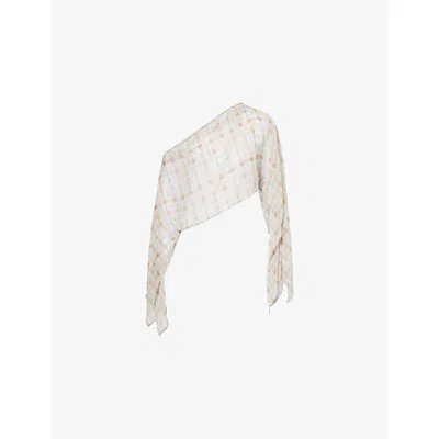 Hyphen Womens Blue & Brown Checked Off-shoulder Sheer Top In Neutral