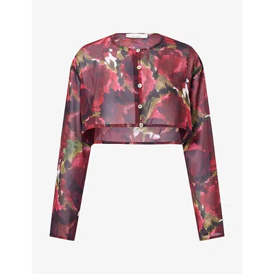 Hyphen Womens Kenny Floral-print Cropped Sheer Top Burgundy