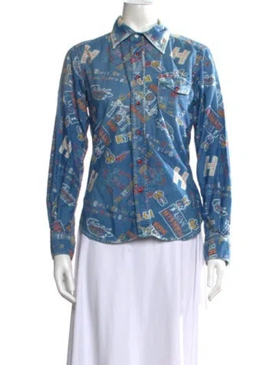 Pre-owned Hysteric Glamour Graphic Print Long Sleeve Button-up Top In Blue