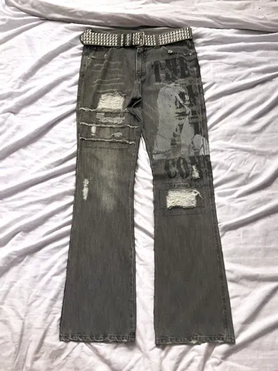 Pre-owned Hysteric Glamour X In The Attic Flared Distressed Poem Jeans Pants Studded Belt In Washed Gray