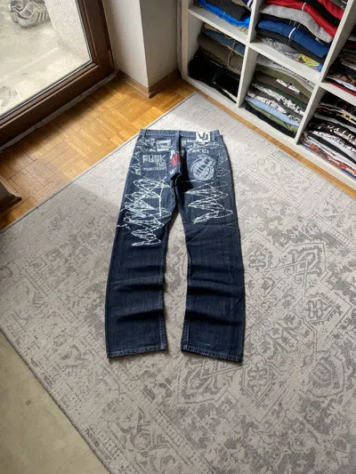 Pre-owned Hysteric Glamour X Le Grande Bleu L G B Vintage Distressed Jeans Big Print Japanese Dirty Straight