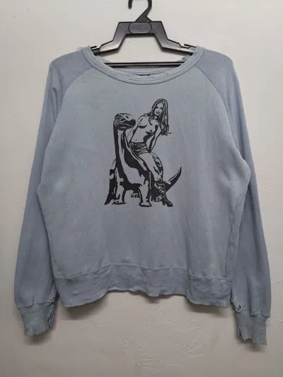 Pre-owned Hysteric Glamour X Vintage Distressed Hysteric Glamour Ride A Wild Stud Sweatshirt In Light Blue