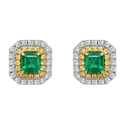 Pre-owned Hyt 1.4 Ct Colombian Muzo Emerald Stud Earrings With Yellow And White Diamonds