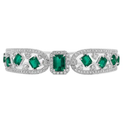 Pre-owned Hyt Certified Bangle With Colombian Emeralds And Natural White Diamonds In 18k Gold