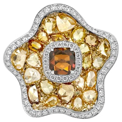 Pre-owned Hyt Certified Cocktail Ring With Natural Fancy Color And Rose Cut Diamonds 18k Gold In Red