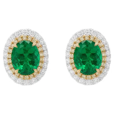 Pre-owned Hyt Certified Colombian Emerald, Yellow Diamond & White Diamond 18k Gold Earring