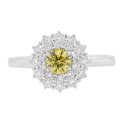 Pre-owned Hyt Certified Natural Fancy Vivid Yellow Diamond And White Diamond Platinum Ring
