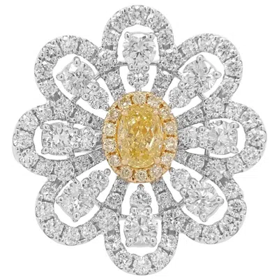 Pre-owned Hyt Certified Natural Oval Cut Yellow Diamond And White Diamond K18 Gold Ring