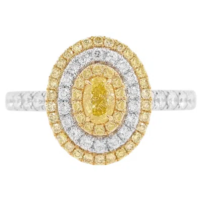 Pre-owned Hyt Certified Natural Oval Cut Yellow Diamond And White Diamond K18 Gold Ring