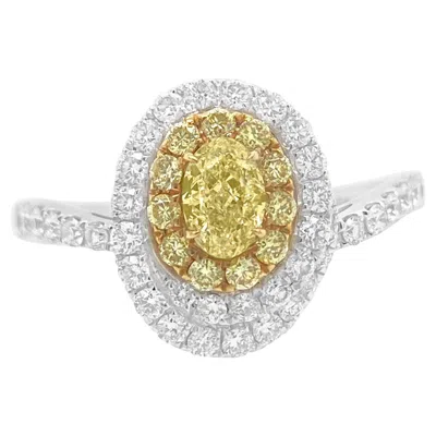 Pre-owned Hyt Certified Oval Cut Natural Yellow Diamond And White Diamond Platinum Ring
