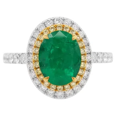 Pre-owned Hyt Certified Oval Shape Colombian Emerald Yellow Diamond Turnable 18k Gold Ring