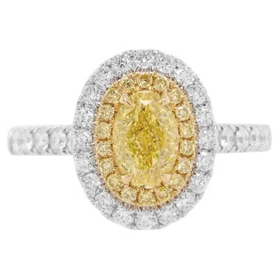 Pre-owned Hyt Certified Oval Shape Yellow Diamond Ring Made In 18k Gold And Platinum