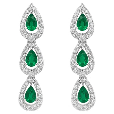 Pre-owned Hyt Certified Pear Cut Colombian Emerald & White Diamond 18k Gold Dangle Earring