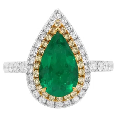 Pre-owned Hyt Certified Pear Shape Colombian Emerald Yellow Diamond Turnable 18k Gold Ring