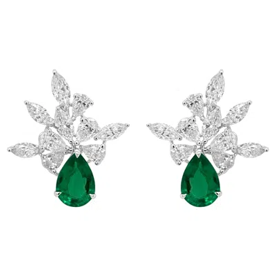 Pre-owned Hyt Certified Pear Shape Colombian Emeralds & White Diamonds 18k Gold Earring